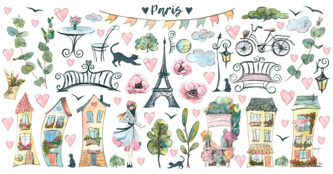 A large set of Parisian streets. Houses, plants, lanterns. Watercolor illustration in sketch style with graphic elements. For the design and decoration of postcards, posters, souvenirs, booklets