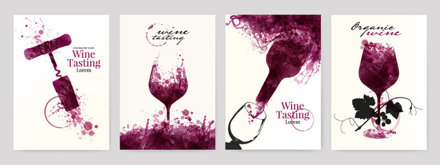 Collection of templates with wine designs. Illustration with background wine stains, glass, bottle, corkscrew. - 505922101