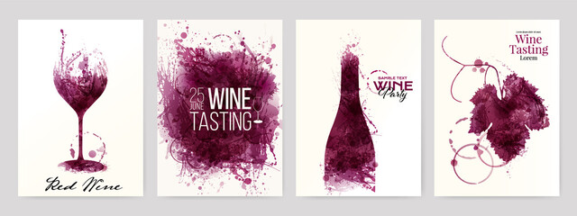 Collection of templates with wine designs. Illustration with background wine stains, glass, bottle, vine leaf. - 505922103