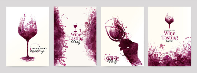 Collection of templates with wine designs. Illustration with background wine stains, glass, hand with wine glass. - obrazy, fototapety, plakaty
