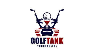 Veteran Army Tank Golf Logo design vector icon symbol illustrations. Golf stick bat and golf ball with veteran army tank and AK 47 rifles.