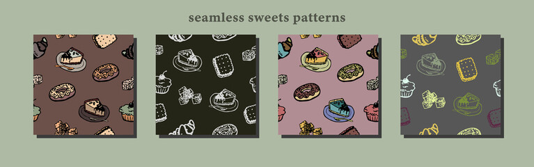 Seamless pattern with different sweet icons. Vector color doodle illustrations.