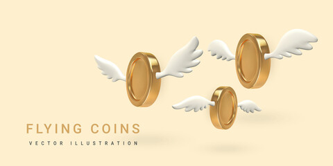 3d flying golden coin with wings isolated on a white background. Vector illustration