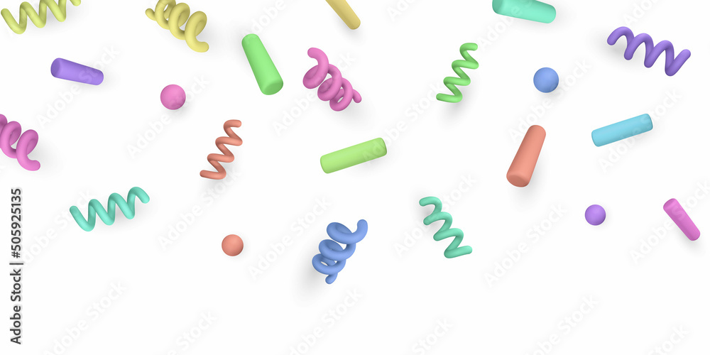 Wall mural 3d cute cartoon confetti flying around. design element in minimal style on white background. vector 