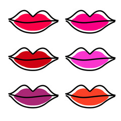 Red lips icon. Simple line mouth icon. Sexy open mouth with red lipstic. Makeup icon.Red lips hand drawn with ink paint brush and black pen outline, isolated on white background. jpeg mage jpg illustr