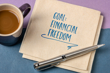financial freedom - goal setting concept, handwriting on a napkin with a cup of coffee, personal development
