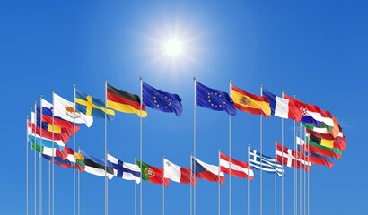 27 waving flags of countries of European Union (EU). Blue sky background. 3D illustration