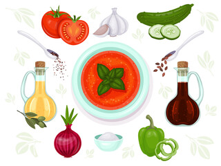 Gazpacho and set of ingredients for it. Vector food illustration. Isolated on white. Cartoon style