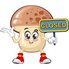 vector illustration of cute mushroom mascot showing a closed signboard