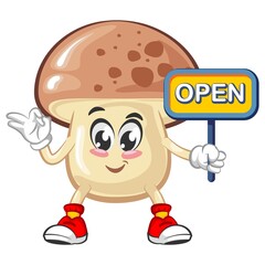 vector illustration of cute mushroom mascot showing a sign saying open
