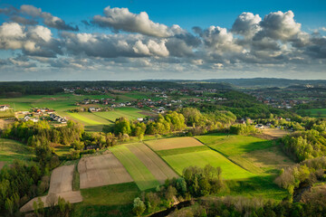 Aerial landscape of Kashubian meadows and forests, Poland