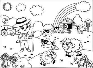 Black and white vector illustration of a happy farmer looking around with his animals on his farm.