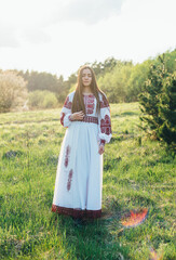 portrait of young beautiful Ukrainian woman in vyshyvanka  - ukrainian national clothes. Woman in countryside.  Stand with Ukraine  