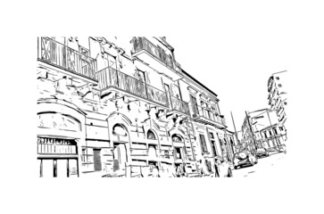Building view with landmark of Modica is a city in Italy. Hand drawn sketch illustration in vector.