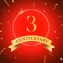 3 years anniversary celebration with gold frame and gold confetti isolated on red background. 3 years Anniversary logo. Vector design for greeting card, birthday party, wedding, event party.