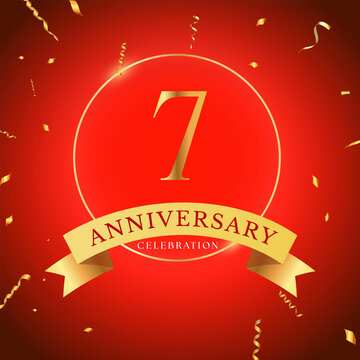 7 years anniversary celebration with gold frame and gold confetti isolated on red background. 7 years Anniversary logo. Vector design for greeting card, birthday party, wedding, event party.