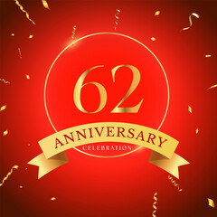 62 years anniversary celebration with gold frame and gold confetti isolated on red background. 62 years Anniversary logo. Vector design for greeting card, birthday party, wedding, event party.