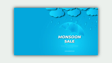 Monsoon sale banner template design with clouds and umbrella on blue background. Overcast sky with rain Vector illustration web banner, flyer, or poster for monsoon season banner