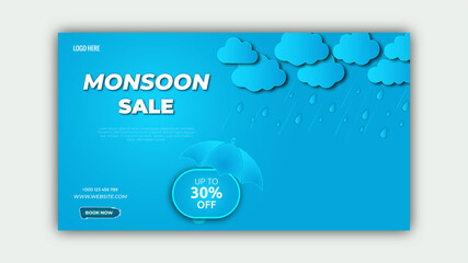 Fototapeta na wymiar Monsoon sale banner template design with clouds and umbrella on blue background. Overcast sky with rain Vector illustration web banner, flyer, or poster for monsoon season banner