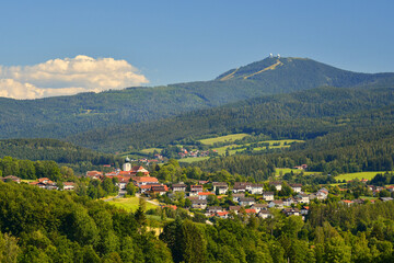 Lam, a small town in Bavarian Forest.View to mount Großer Arber with its two towers. Bavaria, Germany.