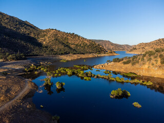 An Aerial UAV Drone View of the Kaweah River Upper Delta above the Lake showing the Hiking Trails...