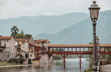 View of the Alpini Bridge with the Brenta River in Bassano del Grappa, Vicenza, Veneto, Italy,...