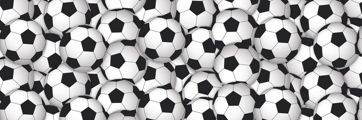 Football banner. Rectangular horizontal soccer background with a lot of realistic sports balls. Vector illustration