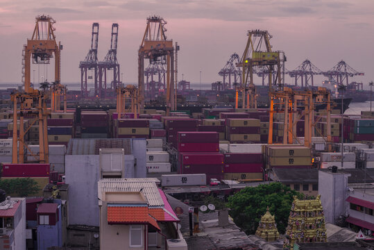 COLOMBO, SRI LANKA - FEBRUARY 22, 2020: Container terminalo of Colombo seaport on a evening twilight