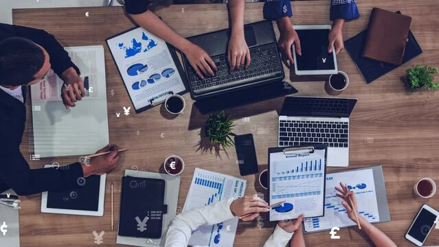 Conceptual vision of business people in corporate staff meeting . Concept of digital technology for marketing data analysis and investment decision making .