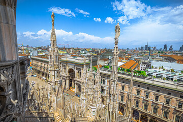 Panoramic rooftop view of the majestic Cathedral of Milan, Italy.