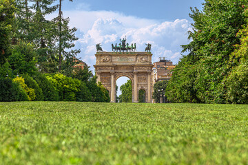 Fototapeta na wymiar The Majestic Arc of Porta Sempione in Milan, Italy.