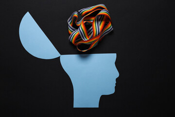 Open your mind, mental health concept, creative thinking. Paper silhouette of human head and lgbt...