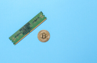 Cryptocurrency mining. Bitcoin with RAM microchip on blue background