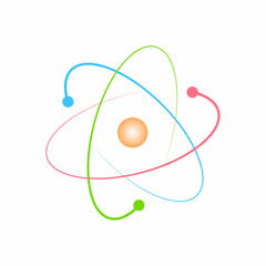 atom structure model. nucleus of protons and neutrons. orbital electrons. vector illustration isolated on white background. - obrazy, fototapety, plakaty