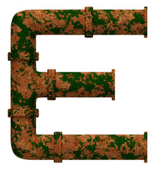 Letter E made of rusty pipes, isolated on white, 3d rendering
