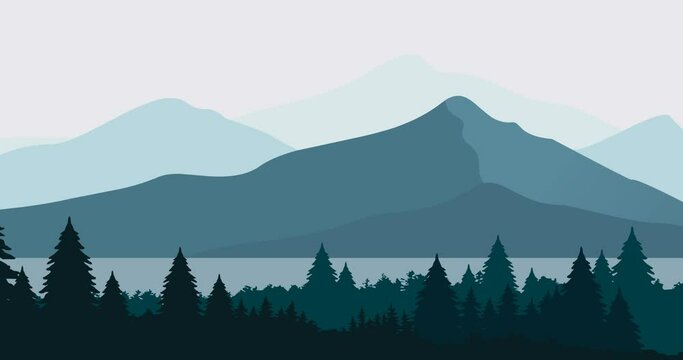 parallax animation video of mountain nature with pine forest and serene lake