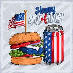Burger and soda can with USA flag pattern for 4th of July American independence day and Veterans day