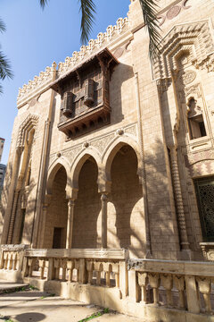 A detail of the exterior with an antique wooden carved balcony of Imam Al Busiri Mosque, Alexandria, Egypt.