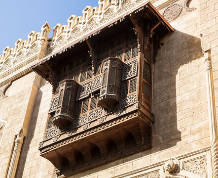 Antique wooden carved balcony of Imam Al Busiri Mosque, Alexandria, Egypt.