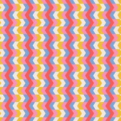 Retro Groovy Zigzag Psychedelic seamless pattern. Checkerboard in 70s years style Background. Stationary Fashion Textile Repeat backdrop. Vector illustration