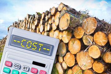 Frontal view of a wooden trunks stacked on one another - Log trunks pile - timber wood industry -...