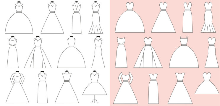 Wedding dresses icon set. Different style wedding gowns. Bridal icons set.