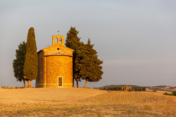 The beautiful tuscan Chapel of the Madonna di Vitaleta at sunrise