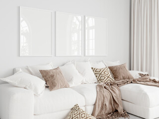 frame mockup, three vertical frames in modern living room interior, 3d render
