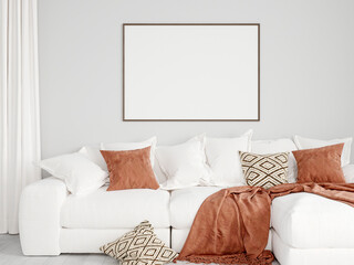 frame mockup, horizontal frame mockup in modern living room interior, 3d render