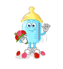 baby bottle with bouquet mascot. cartoon vector
