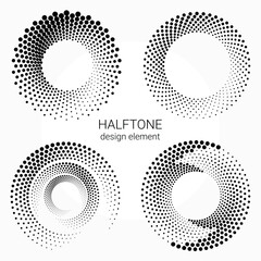Halftone round logo set. Circular dotted logo isolated on the white background. Garment fabric design set. Halftone circle dots texture, pattern, background. Vector design element.