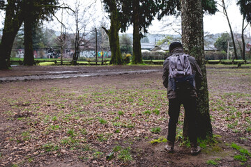Backpacker man peeing in front of a tree in the park in a rainy day, Valdivia, Chile - obrazy, fototapety, plakaty