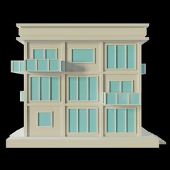 White House, modern style, 3-floor model. Architecture Made from paper, low poly side 3d rendering. Blue windows and doors.	