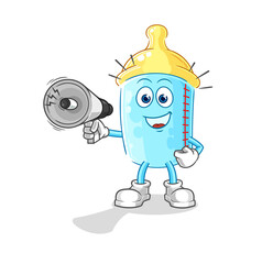 baby bottle holding hand loudspeakers vector. cartoon character